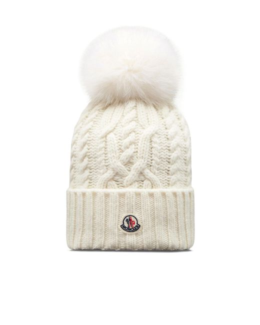 Moncler White Wool Cashmere Blend Beanie With Pom Pom