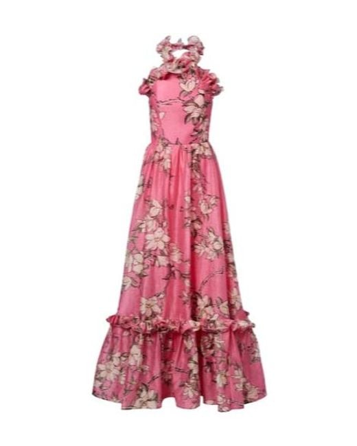 Leo Pink Isabelle Floral Ruffled Linen-Blend Gown