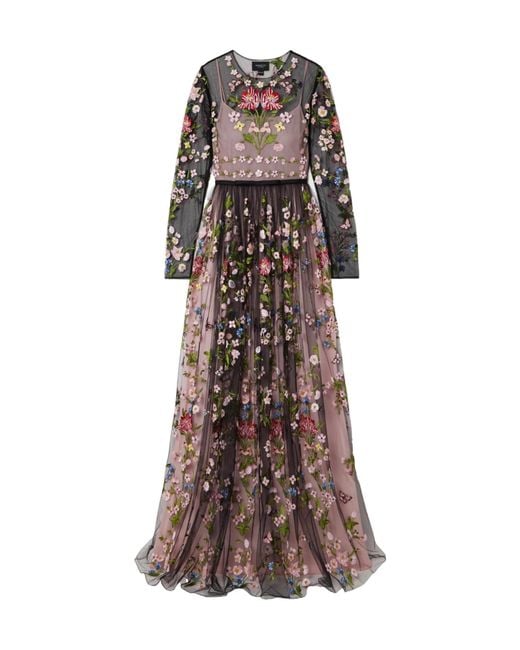 Giambattista Valli Brown Belted Pleated Embroidered Tulle Gown