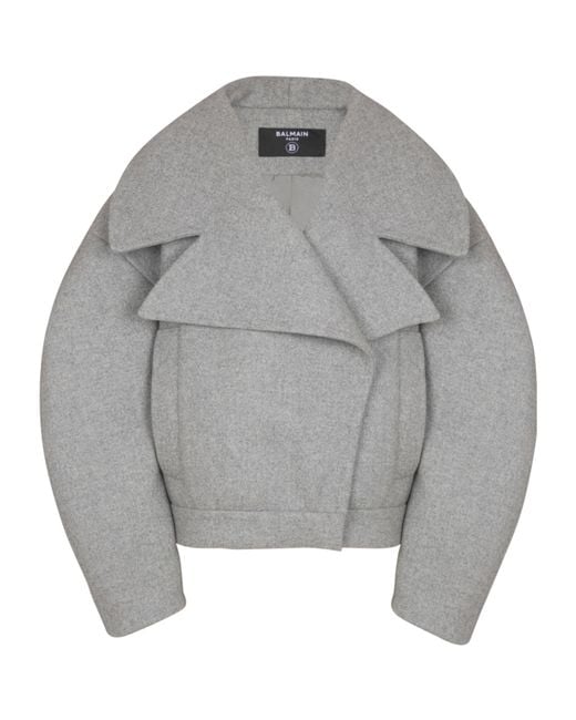 Balmain Gray Wool-Cashmere Oversized Pea Coat