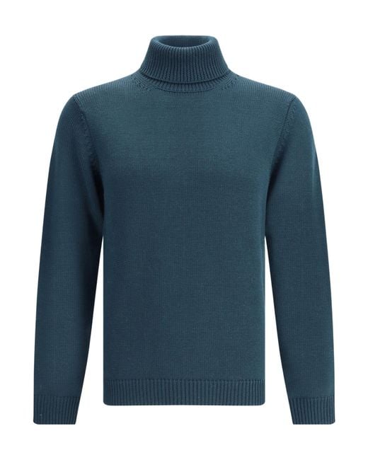 Roberto Collina Blue Turtleneck Long Sleeved Ribbed Jumper for men