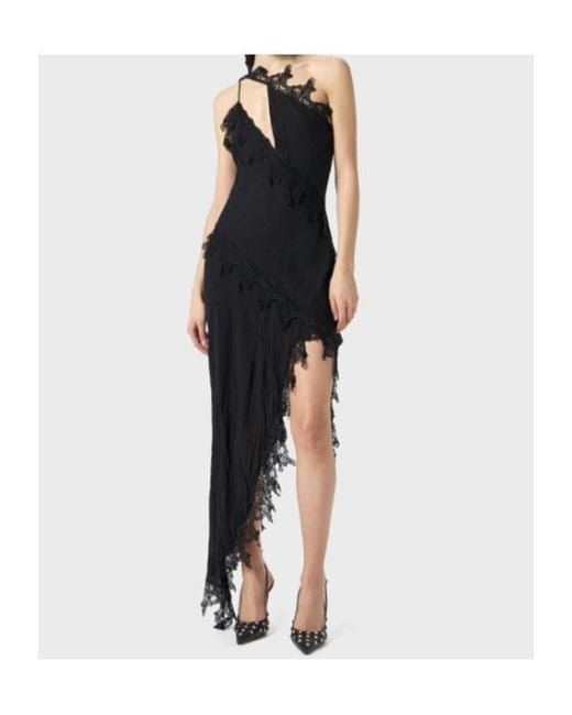 Blumarine Black Asymmetrical Lace-Embellished Draped Dress