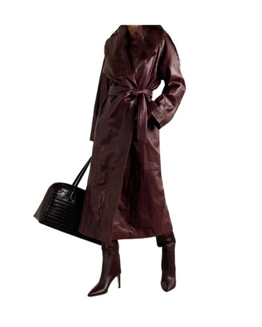 Nour Hammour Red Briona Belted Shearling-Trimmed Leather Coat
