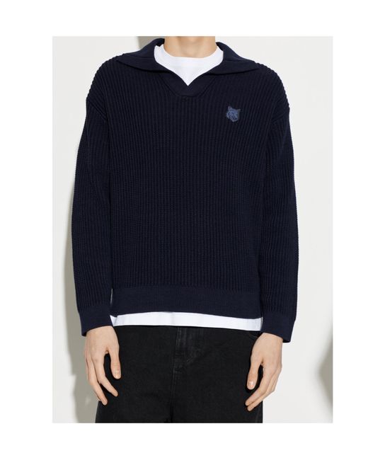 Maison Kitsuné Blue Logo-Embroidered V-Neck Sweater for men