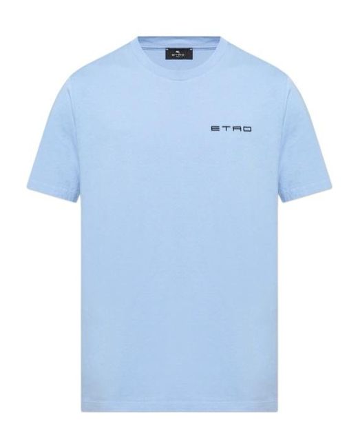 Etro Blue Logo Embroidered Crewneck T-Shirt for men