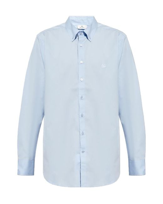 Etro Blue Pegaso-Embroidered Cotton Shirt for men