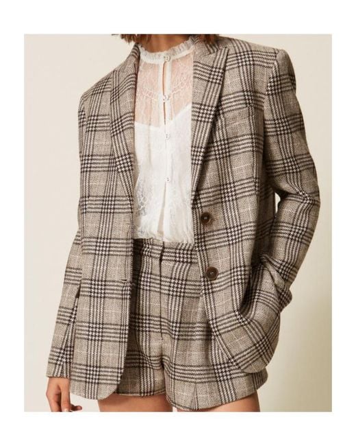 Twinset Brown Checked Sequin Blazer