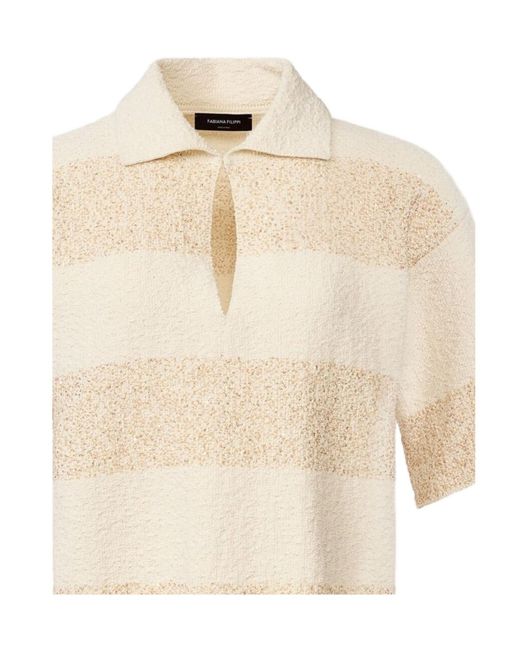 Fabiana Filippi Natural Sequin-Embellished Striped Knitted Polo Top