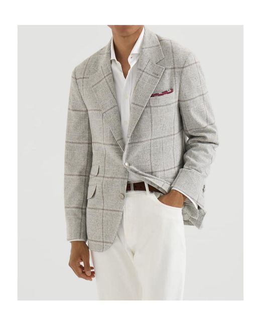 Brunello Cucinelli Gray Silk, Wool And Cashmere Prince-Of-Wales Flannel Deconstructed Cavallo Blazer With Metal Buttons for men