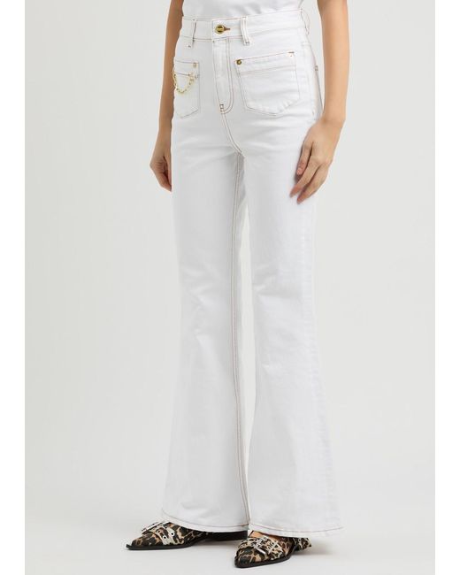 Ganni White Chain-Decorated Flared Jeans