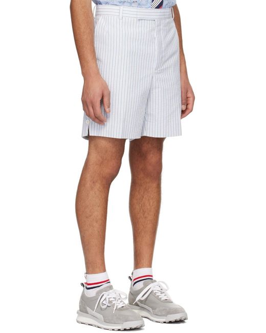 Thom Browne White Logo Tag Striped Seersucker Shorts for men
