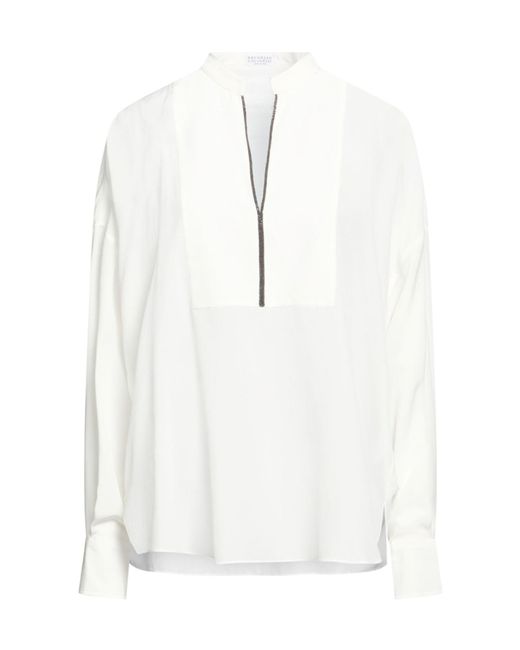 Brunello Cucinelli White Stand-Collar Long-Sleeve Blouse