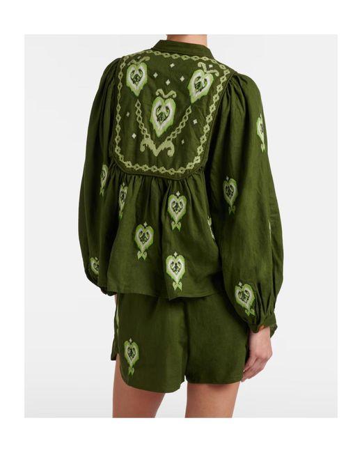 Farm Rio Green Embroidered Linen-Blend Blouse