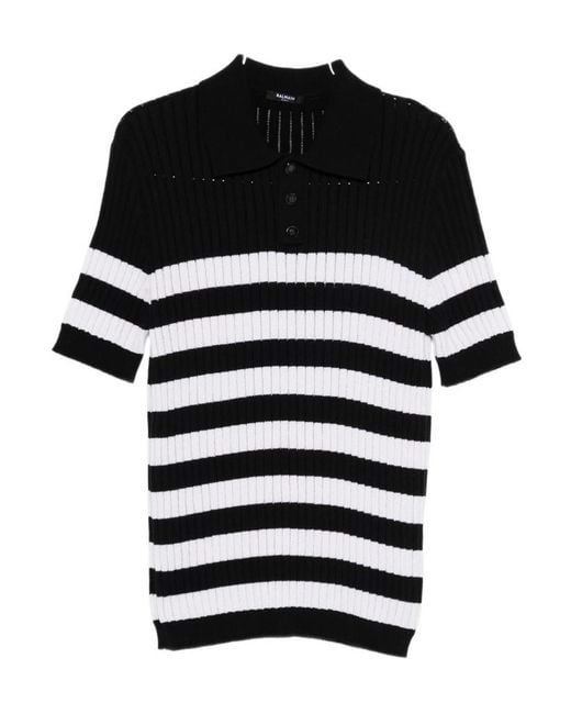 Balmain Black Stripe Patterned Short-Sleeve Knit Polo Shirt for men
