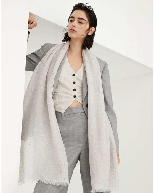 Brunello Cucinelli White Glitter Embellished Frayed-Edge Scarf