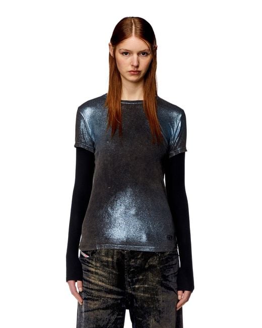 DIESEL Blue T-Miwa Layered Faded Metallic Top