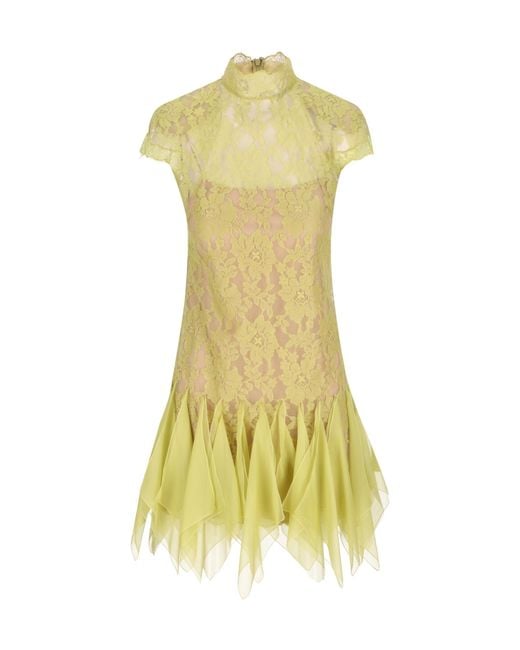 Valentino Yellow Lace Handkerchief-Hem Short-Sleeved Mini Dress