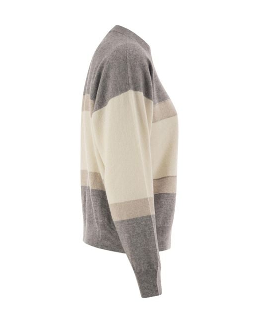 Peserico Gray Striped Crew-Neck Sweater