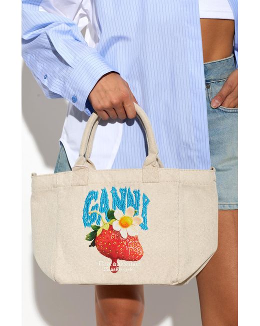 Ganni White Strawberry Printed Small Tote Bag