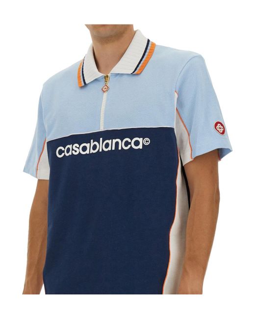 Casablanca Blue Colour-Block Zip-Neck Polo Shirt for men