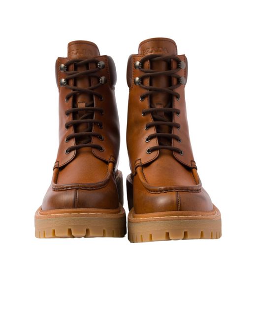 Prada Brown Logo Detailed Round-Toe Ankle Boots