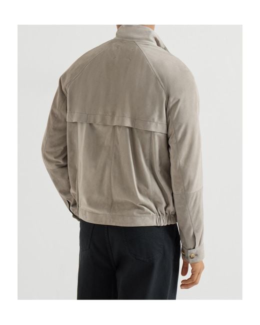 Brunello Cucinelli Brown Suede Two-Way Zip Jacket for men