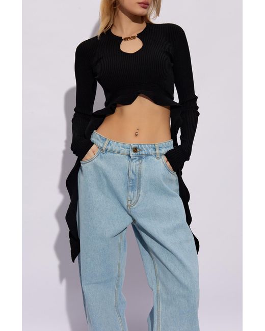 Versace Jeans Black Ruffled Ribbed-Knit Cropped Top