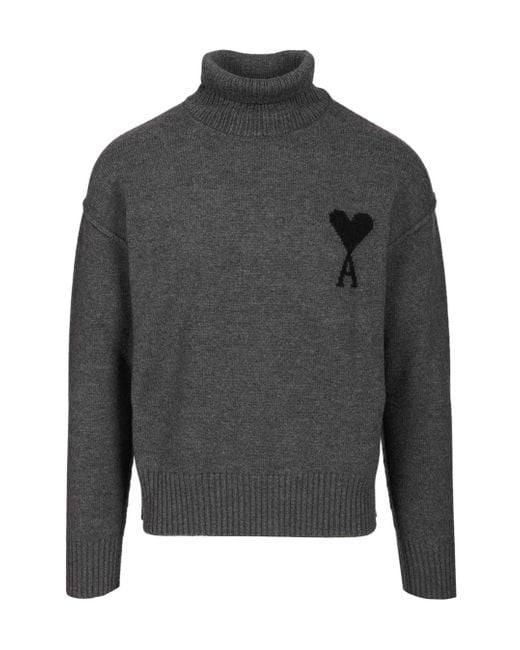 AMI Gray Heart-Logo Turtleneck Sweater for men