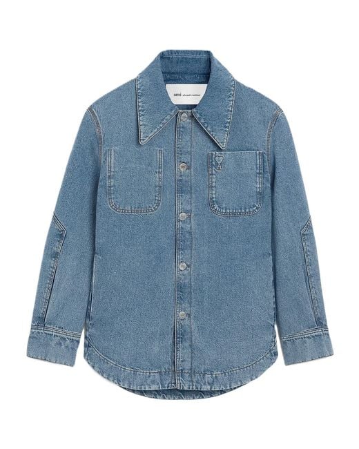 AMI Blue Logo Detailed Denim Overshirt for men