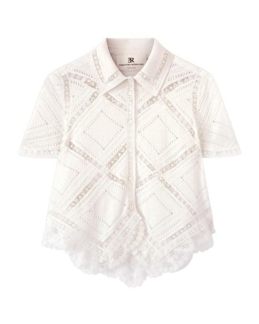 Ermanno Scervino White Short-Sleeve Knit Shirt With Valenciennes Lace