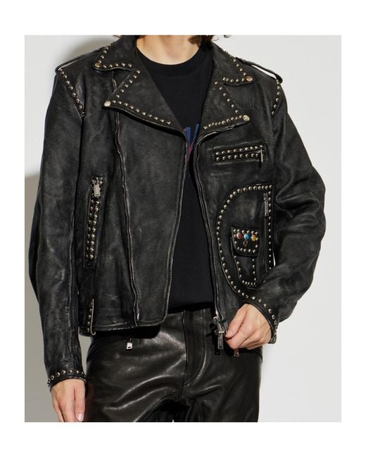 DSquared² Black Stud-Embellished Leather Biker Jacket for men