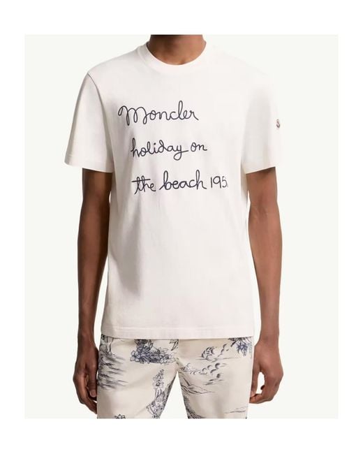 Moncler White Embroidered Cotton T-Shirt for men