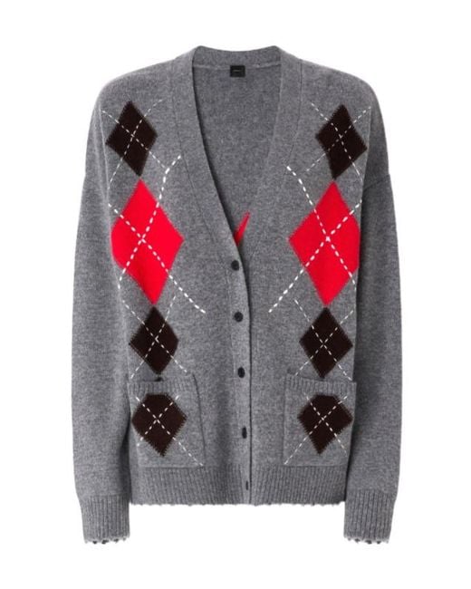 Pinko Gray Wool And Cashmere Cardigan With Diamond Motif