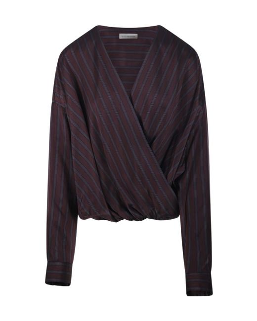 Dries Van Noten Blue Striped V-Neck Wrap Shirt