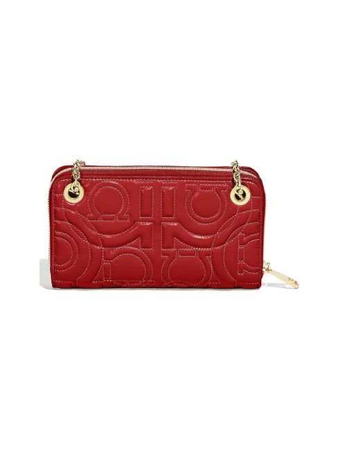 Ferragamo Red Logo Embossed Chain Wallet