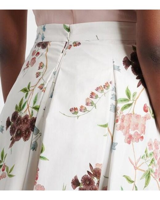 Erdem White Floral Pleated Cotton Poplin Midi Skirt