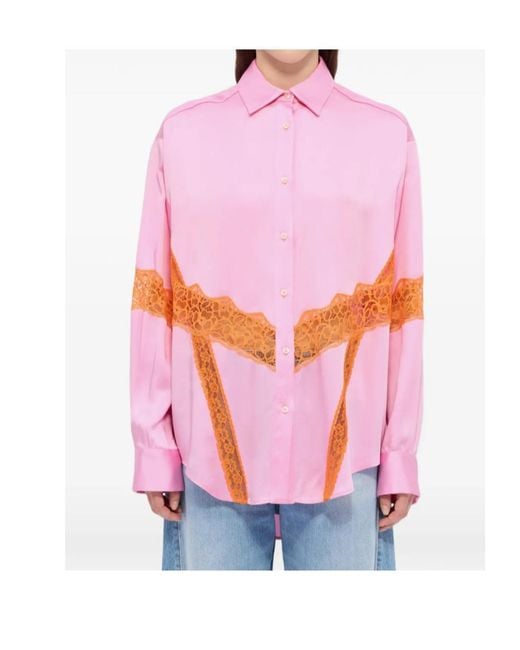 MSGM Pink Lace Panel Button-Up Shirt
