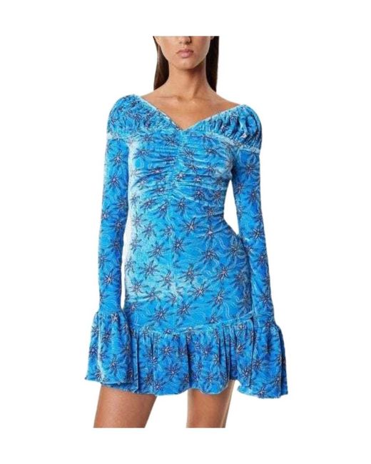 Rabanne Blue Floral-Print Flared Velvet Minidress