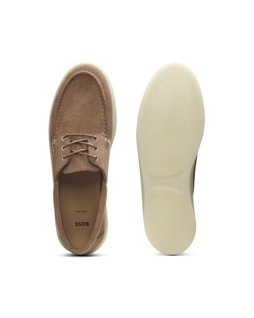 Boss Brown Lace-Up Leather Boat Shoes for men