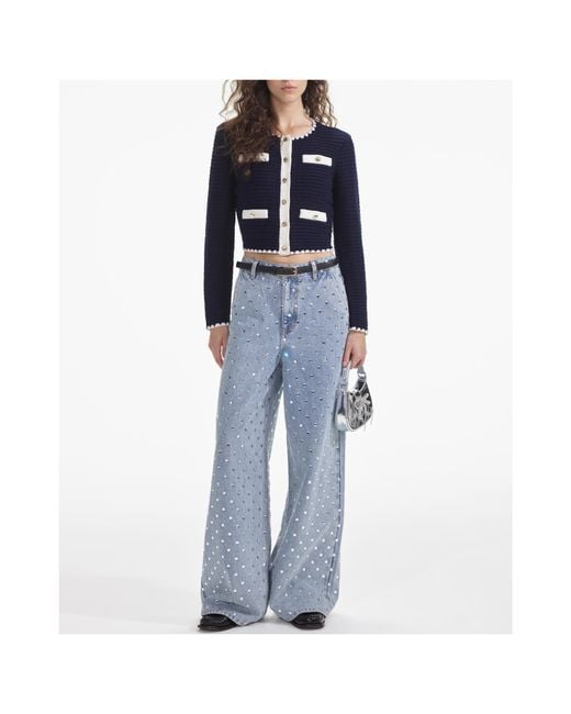 Self-Portrait Blue Cropped Crochet Cardigan