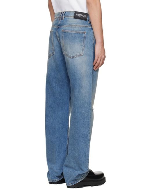 Balmain Blue Distressed Loose-Fit Jeans for men