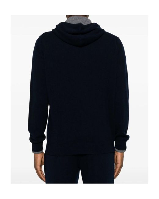 Fedeli Blue Zip-Up Drawstring Knitted Hoodie for men