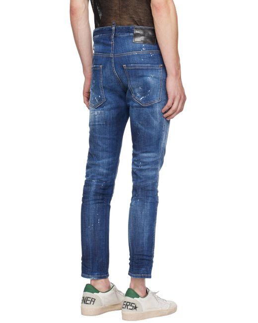 DSquared² Blue Dark Easy Wash Skater Distressed Jeans for men