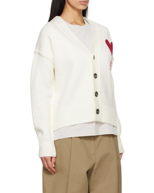 AMI White Ami De Coeur Logo Detailed V-Neck Cardigan for men