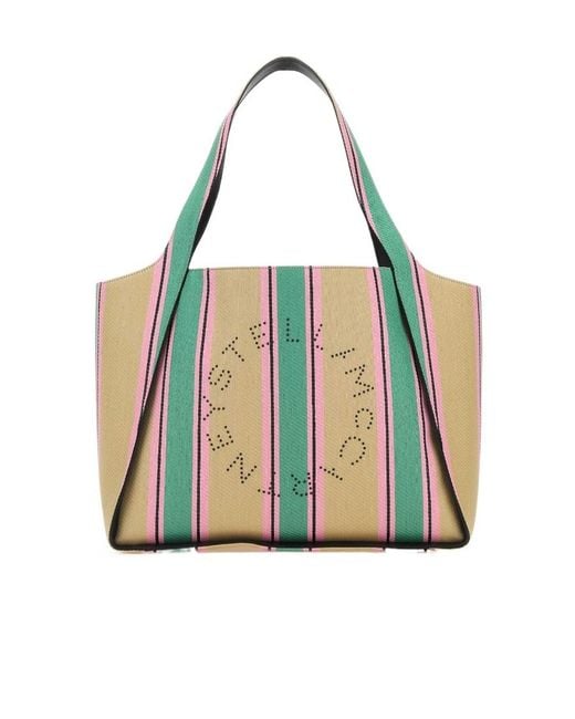 Stella McCartney Green Striped Logo Embellished Tote Bag