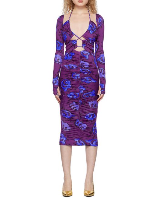 Versace Jeans Purple Couture Floral-Printed Cut-Out Detailed Midi Dress