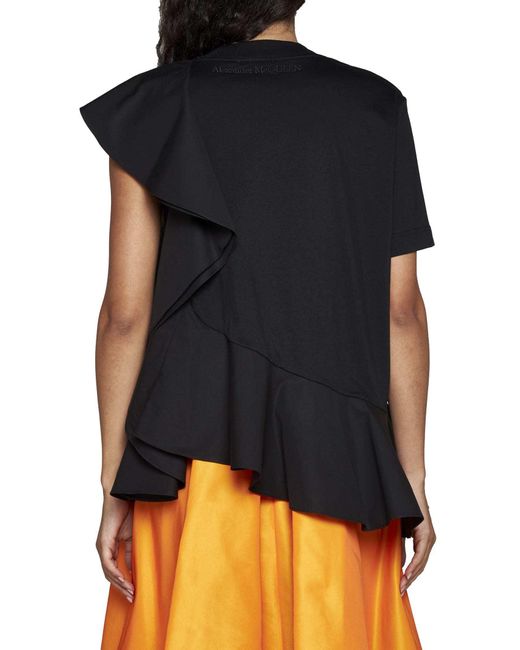McQueen Black Asymmetric Ruffled Crewneck Top
