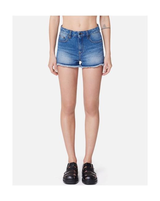 AMI Blue Mid-Rise Frayed Denim Mini Shorts