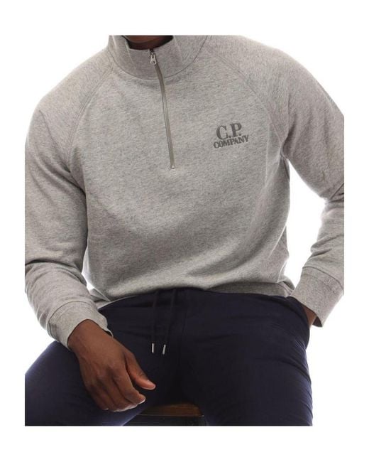 C P Company Gray Diagonal Raised Fleece Half Zip Logo Sweatshirt for men