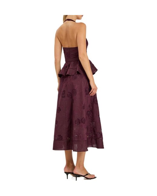 Self-Portrait Purple Floral-Embroidered Belted Linen And Cotton-Blend Midi Dress